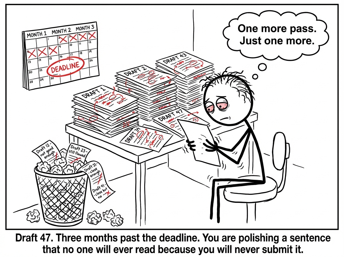 A stick figure sitting at a desk surrounded by 47 drafts of the same document, each one marked with red corrections. The trash can is overflowing with crumpled papers labeled 'Draft 12 - not good enough,' 'Draft 23 - still flawed,' 'Draft 41 - close but no.' The figure holds Draft 47, staring at it with bloodshot eyes, a thought bubble reading 'One more pass. Just one more.' A calendar on the wall shows three months have passed since the deadline.