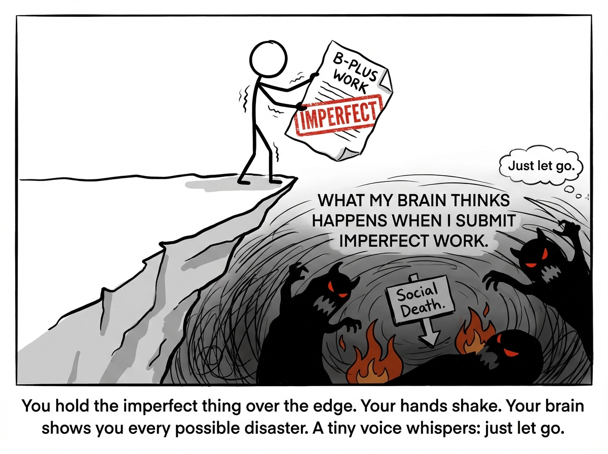 The stick figure standing at the edge of a cliff, holding the document out over the void. The document is labeled 'B-PLUS WORK' with a large red stamp reading 'IMPERFECT.' The figure's hands are visibly shaking. Below the cliff is a dark abyss labeled 'WHAT MY BRAIN THINKS HAPPENS WHEN I SUBMIT IMPERFECT WORK' with monsters, flames, and a sign that says 'Social Death.' Behind the figure, a small rational voice in a tiny speech bubble whispers 'Just let go.'