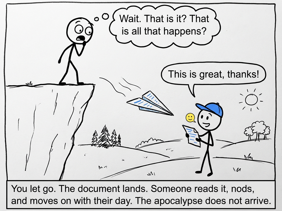 The stick figure has released the document. It floats gently downward like a paper airplane. The catastrophic abyss from the previous panel is gone -- replaced by a calm, ordinary landscape. A person below catches the document, reads it, nods approvingly, and says 'This is great, thanks!' The stick figure stands at the top of the cliff with their jaw dropped, eyes wide, a thought bubble reading 'Wait. That is it? That is all that happens?'