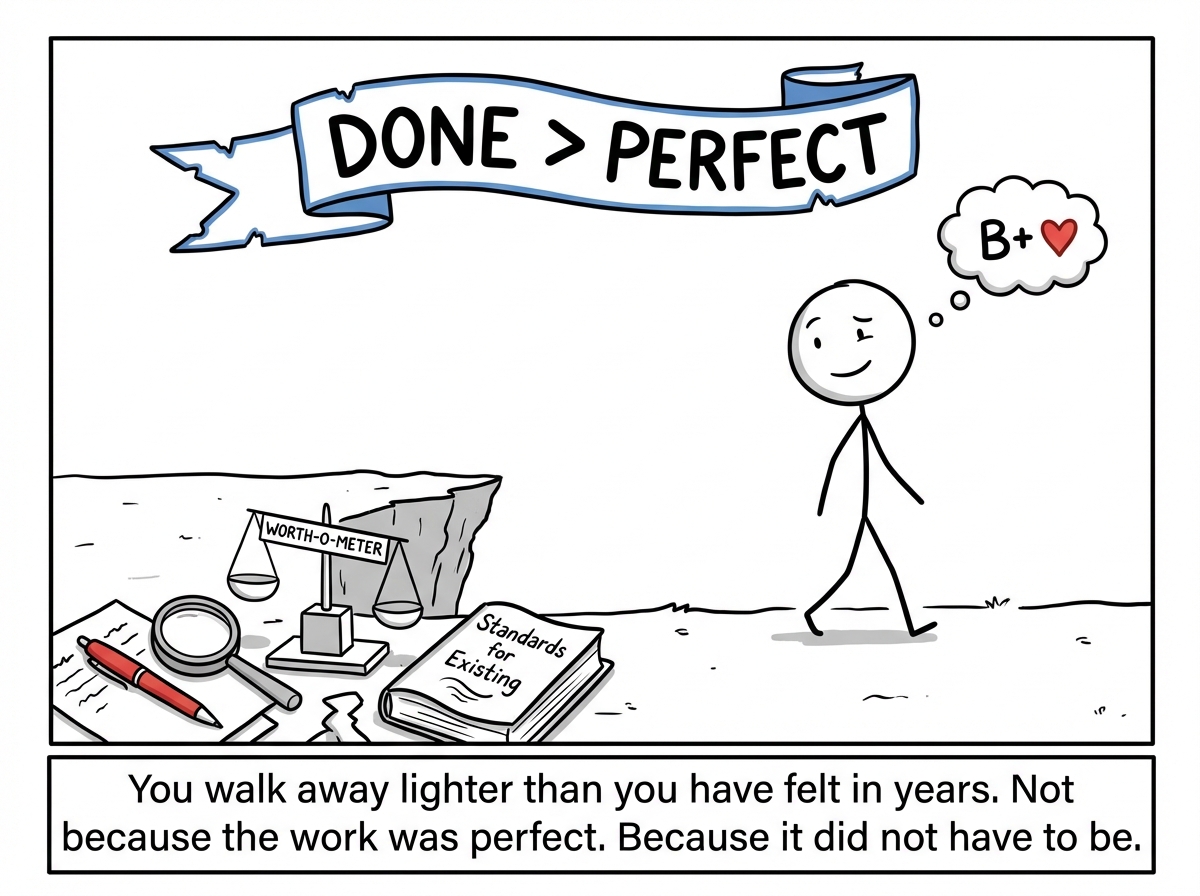The stick figure walking away from the cliff with a dazed but peaceful expression, leaving behind a pile of abandoned perfectionist tools: a red pen, a magnifying glass, a scale labeled 'WORTH-O-METER,' and a rulebook titled 'Standards for Existing.' In the sky above, a banner unfurls that reads 'DONE > PERFECT.' The figure's thought bubble shows a simple B+ with a small heart next to it.