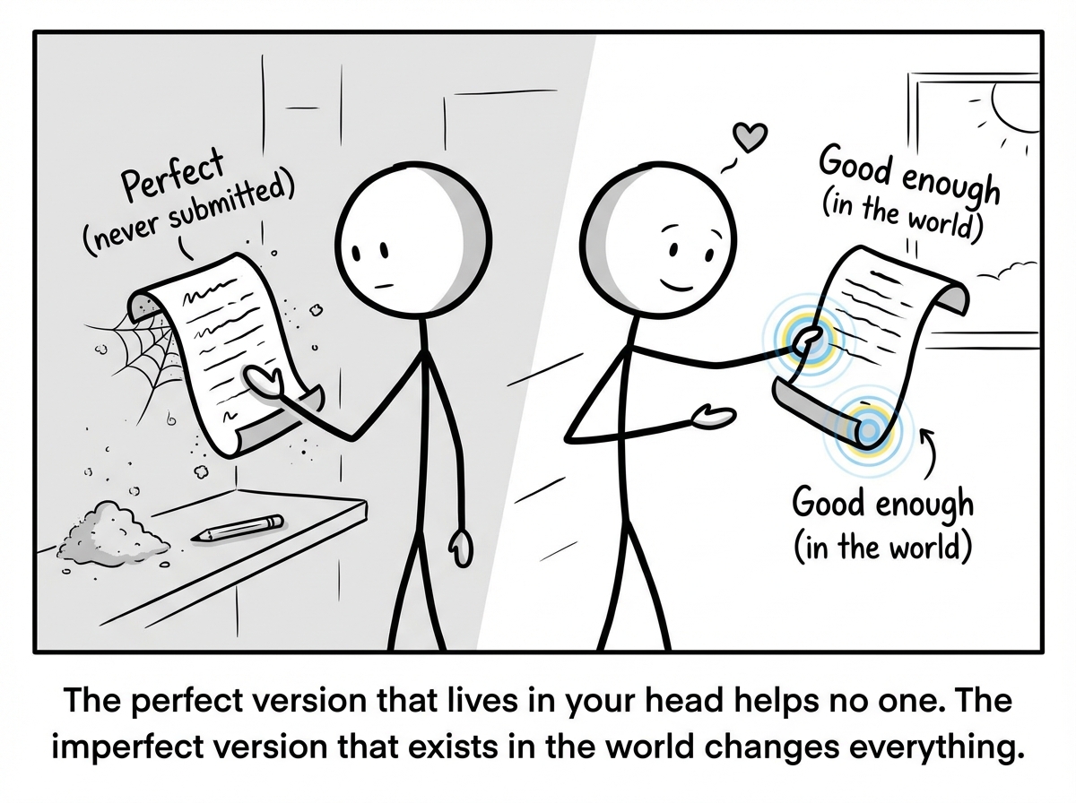 A stick figure holding two versions of a document -- one labeled 'Perfect (never submitted)' gathering dust, and one labeled 'Good enough (in the world)' with a small impact ripple around it. The figure smiles gently, choosing the imperfect one that actually exists.