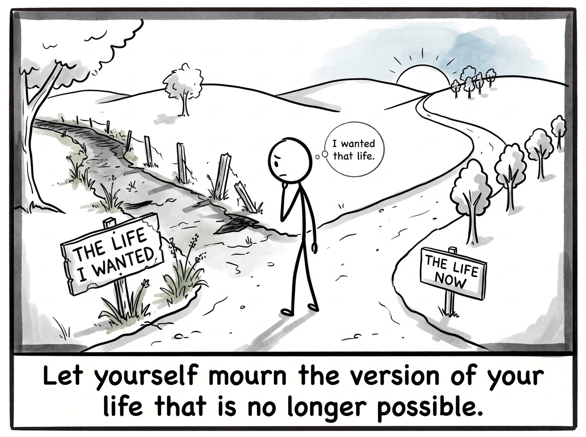 A stick figure standing at the fork in the road, looking at the faded path they cannot take, and whispering 'I wanted that life.'