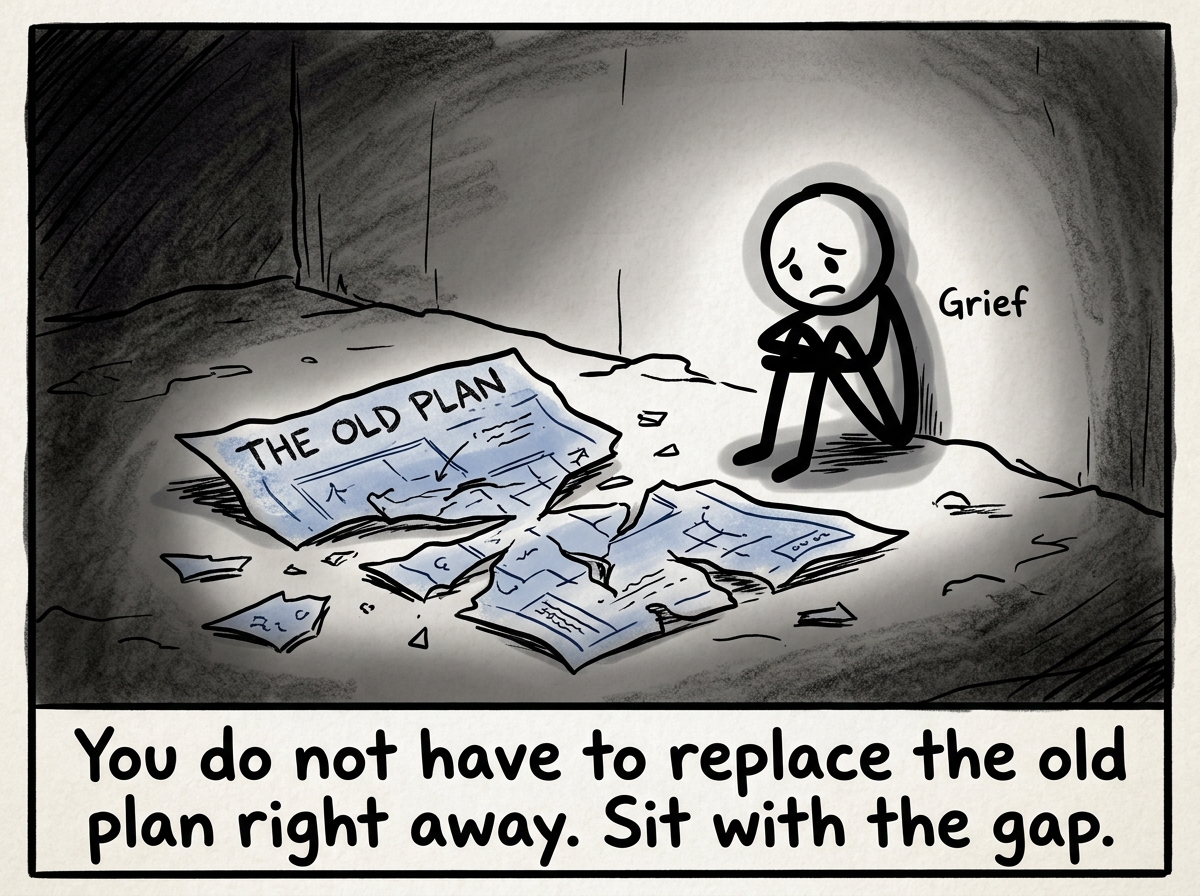 A stick figure sitting with the grief, a broken blueprint spread out on the ground, not rushing to draw a new one.