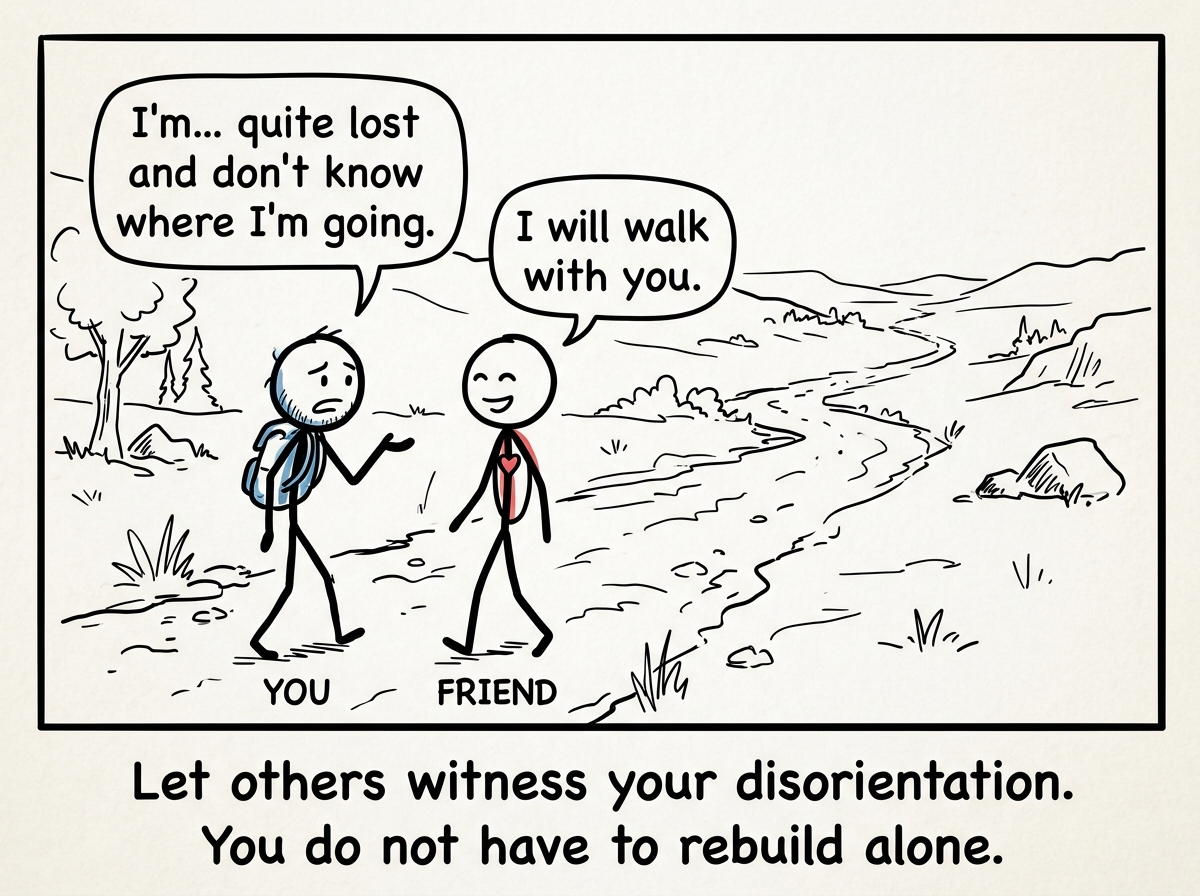 A stick figure talking to a friend, pointing at the blank path ahead, the friend nodding and saying 'I will walk with you.'