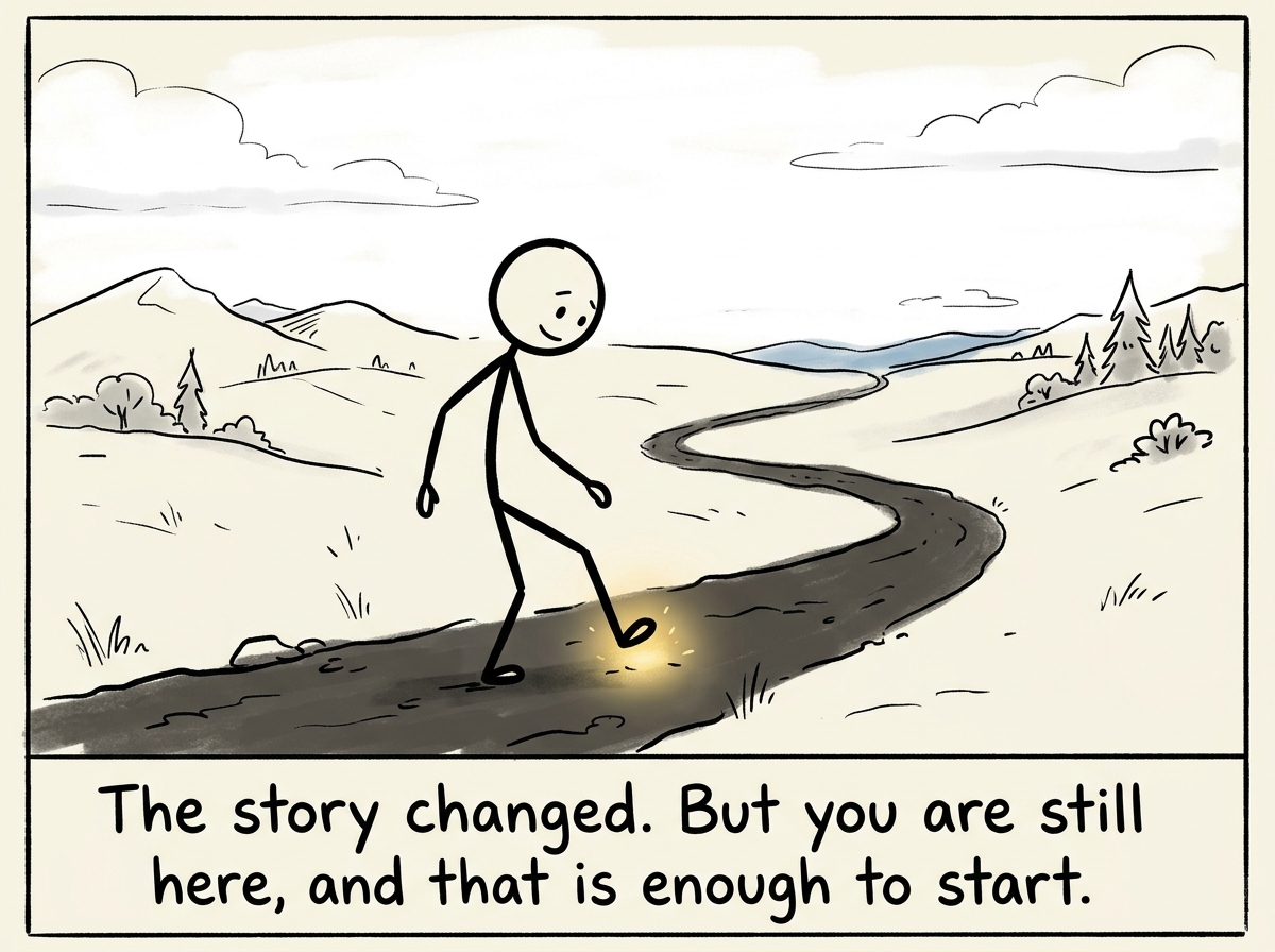 A stick figure taking one small step onto the unmarked path, not with confidence but with willingness, a tiny light appearing under their foot.