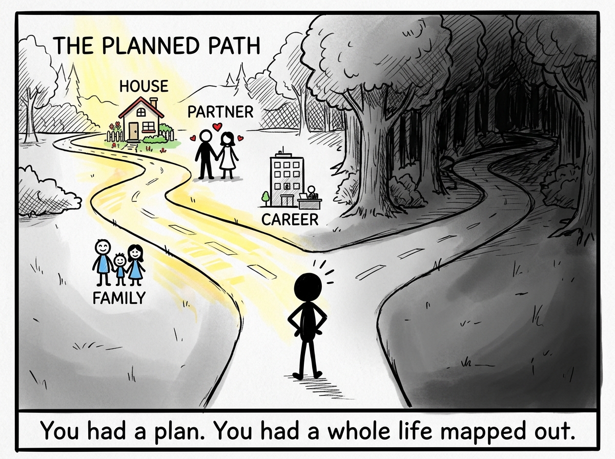 A stick figure standing at a fork in the road. One path is bright and labeled with milestones: a house, a partner, a family, a career. The other path is dim and unmarked. The figure is facing the bright path.