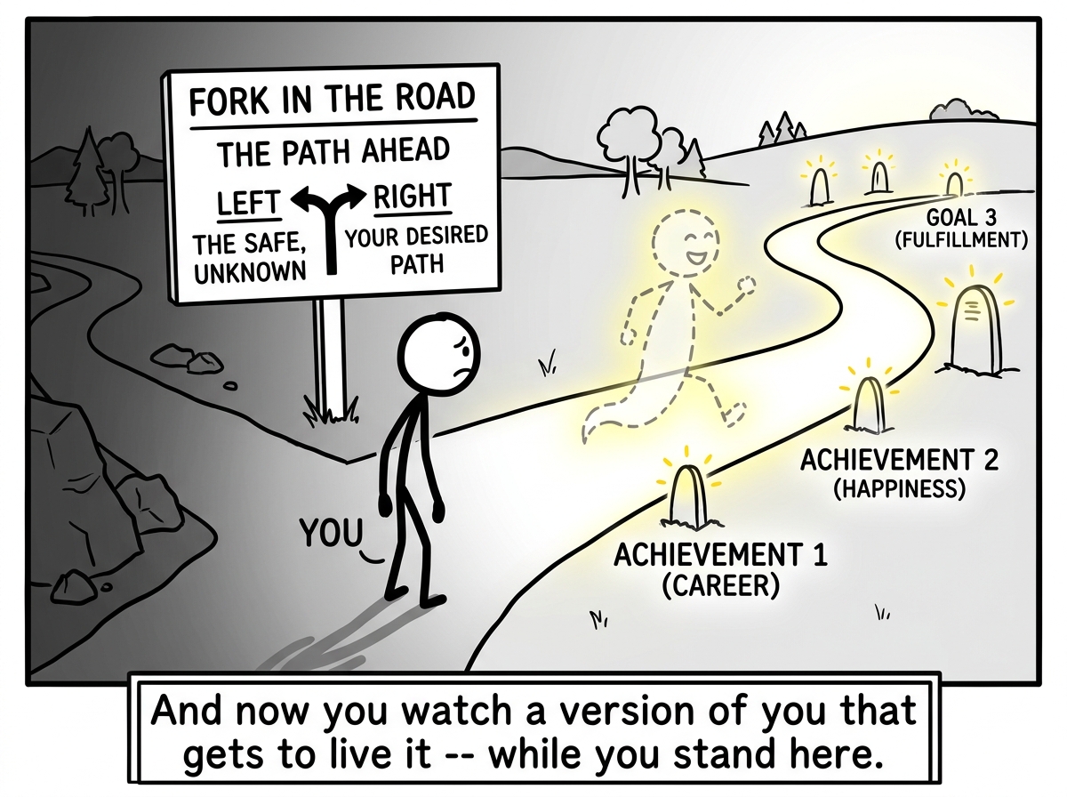 A translucent, ghost-like version of the stick figure walks confidently down the bright path, reaching the milestones. The real figure stands frozen at the fork, unable to follow, watching the ghost version live the life that was supposed to be theirs.