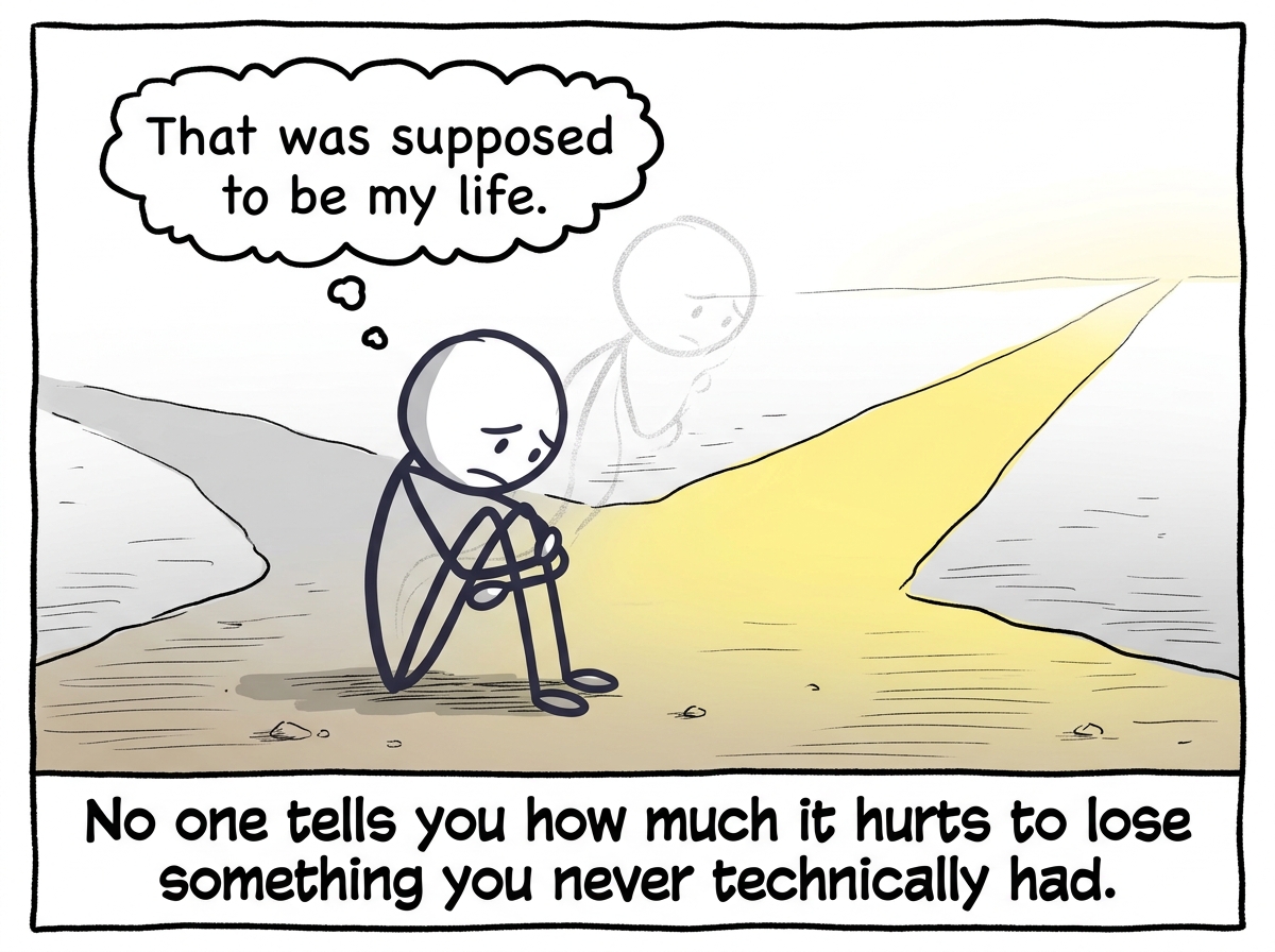 The figure sitting on the ground at the fork, knees pulled to their chest, the bright path fading in the distance. The ghost version is barely visible now. A thought bubble reads: 'That was supposed to be my life.'