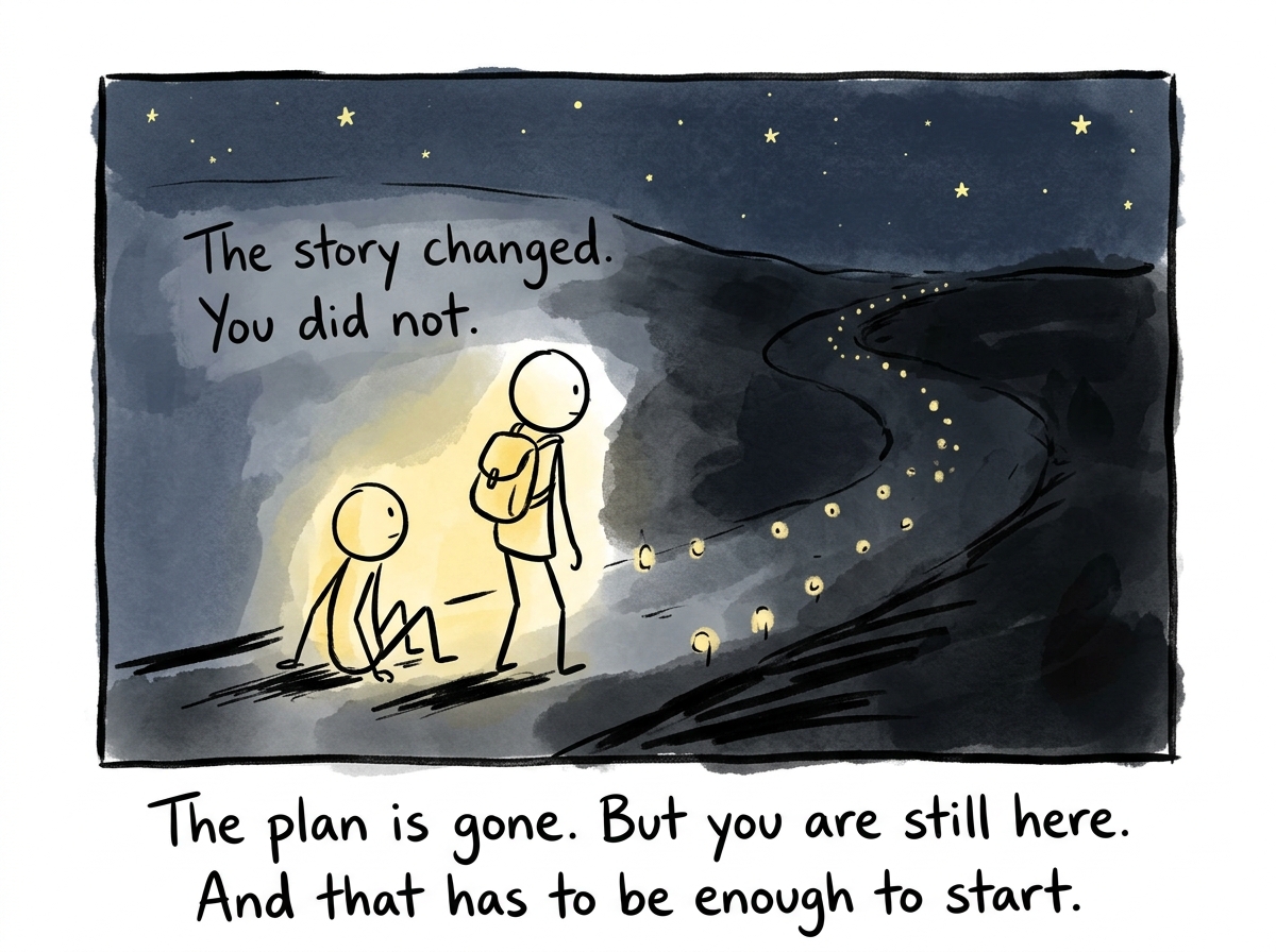 The figure slowly standing up, facing the dim, unmarked path. It is still dark, but a few small lights have appeared along it -- not a plan, just a beginning. The ghost path has fully faded. A small text reads: 'The story changed. You did not.'