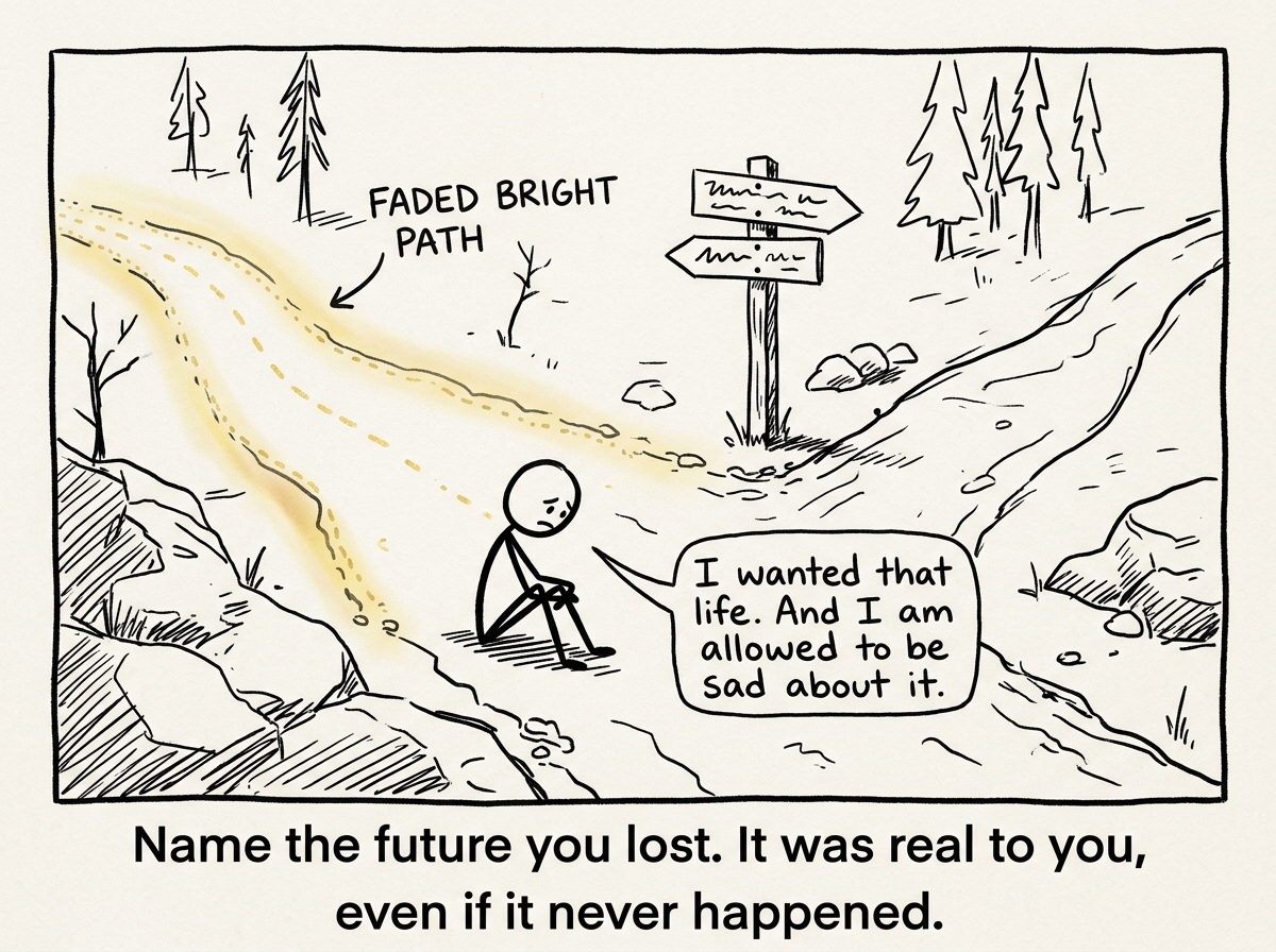 A stick figure sitting at the fork in the road, looking at the faded bright path, whispering 'I wanted that life. And I am allowed to be sad about it.'