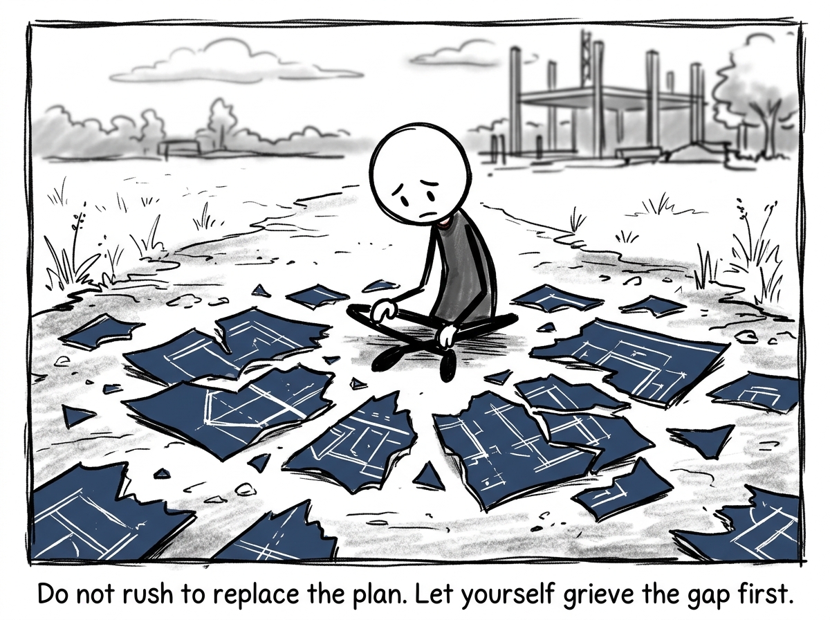 A stick figure sitting on the ground with the torn-up blueprint, not trying to tape it back together, just sitting with the pieces.