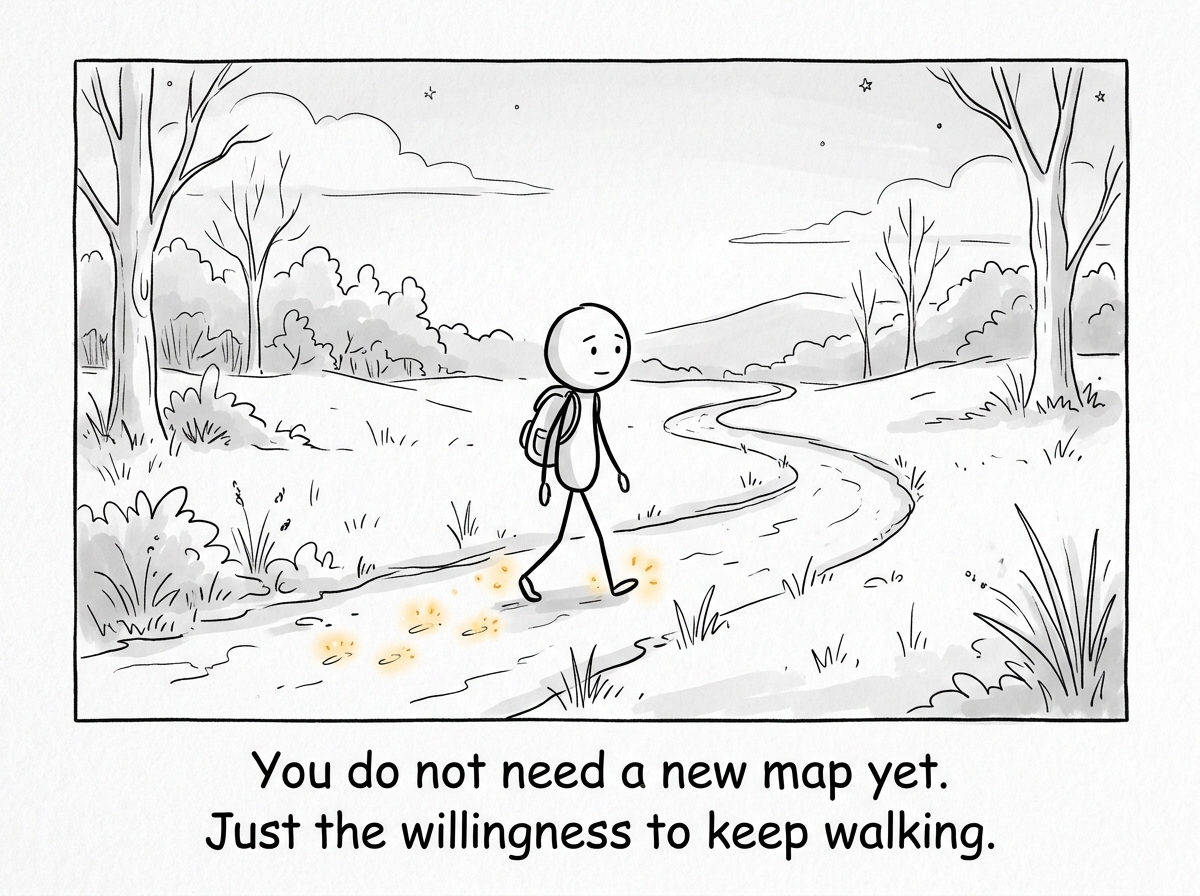 A stick figure walking slowly on the unmarked path, small lights appearing with each step, not a plan but a beginning.