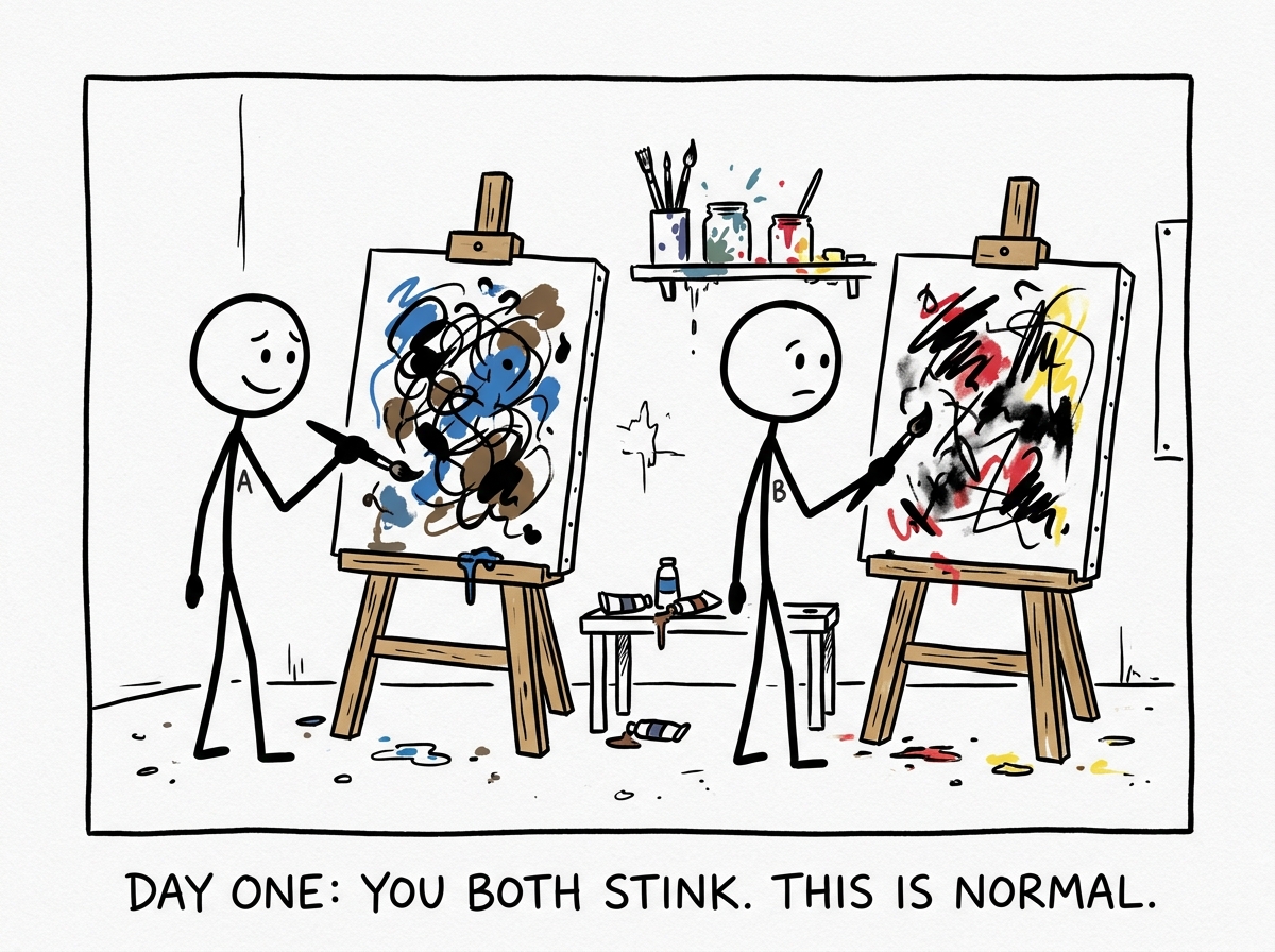 Two stick figures side by side, each holding a paintbrush in front of a canvas, both producing equally bad-looking paintings