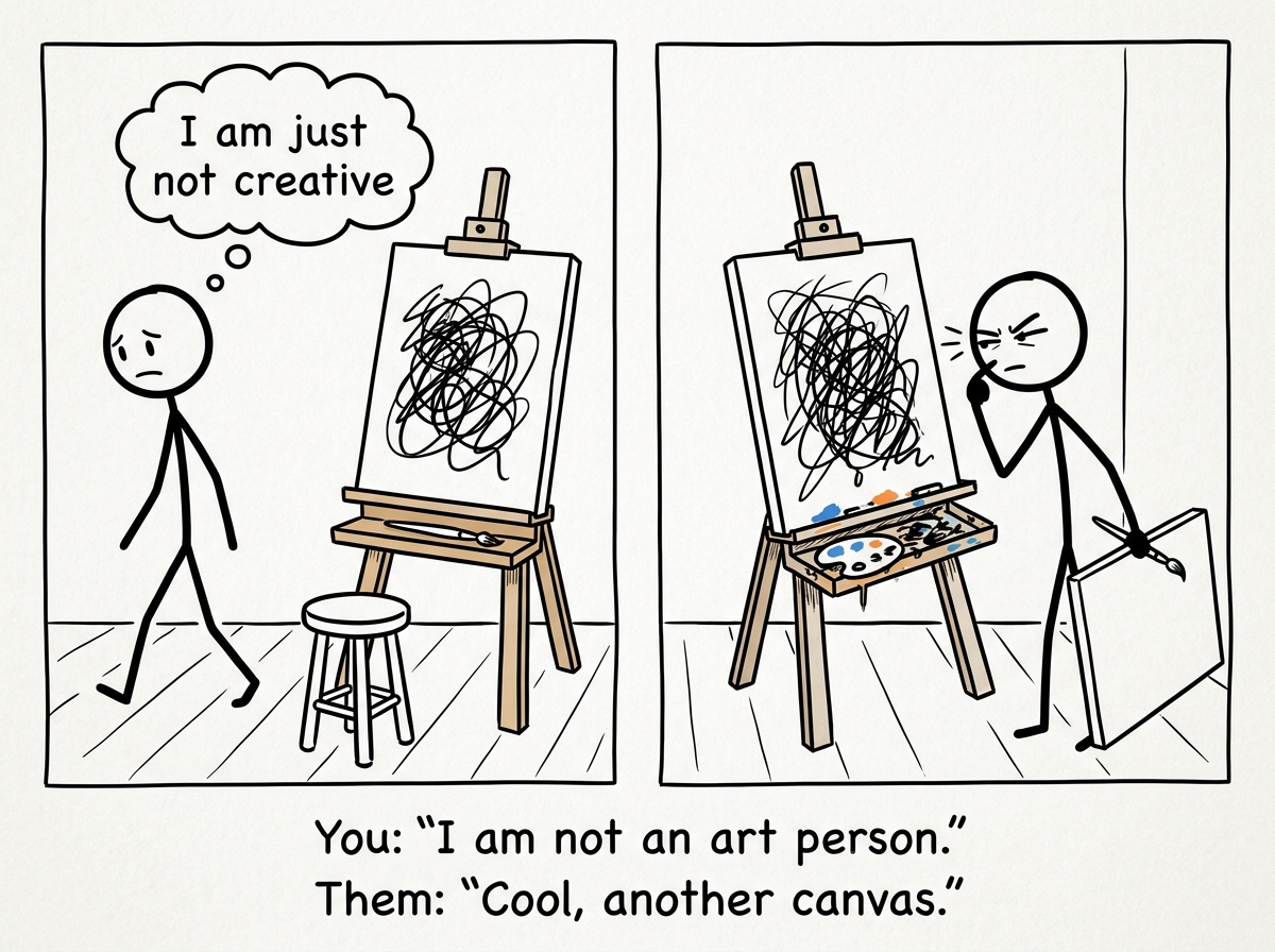 The first figure putting down their brush and walking away with a thought bubble saying 'I am just not creative' while the second figure squints at their bad painting and picks up a new canvas