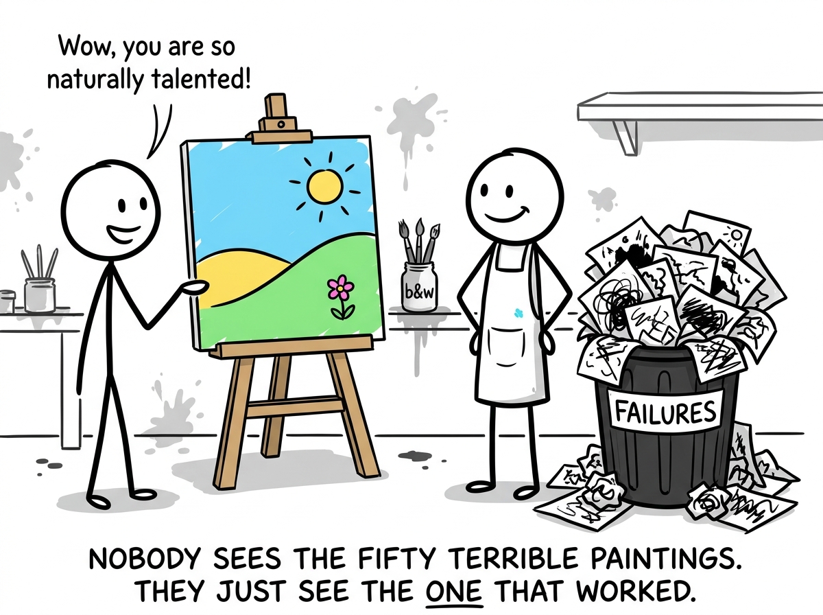 The first figure looking at the second's impressive painting and saying 'Wow, you are so naturally talented' while the second figure stands next to a trash can overflowing with fifty failed paintings