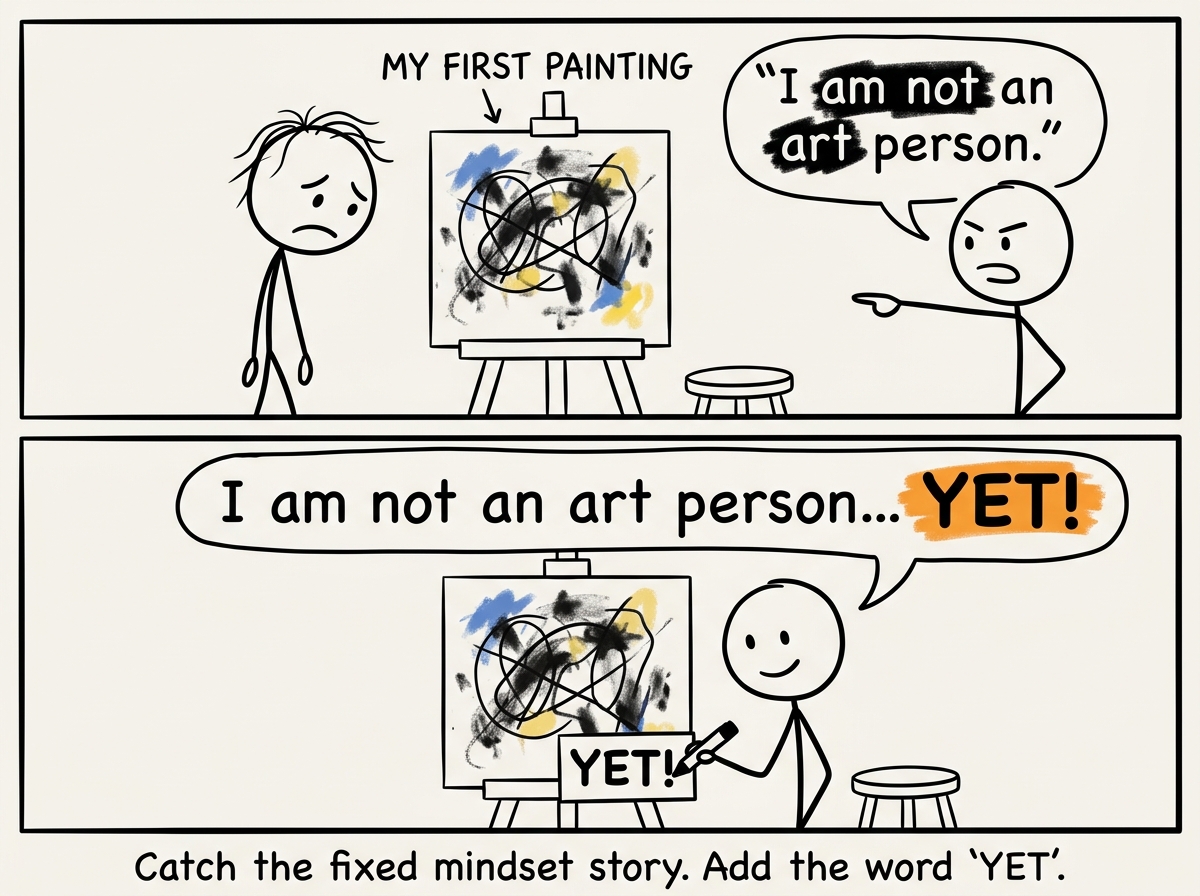 A stick figure looking at their terrible first painting and hearing 'I am not an art person,' then reframing: 'I am not an art person yet'