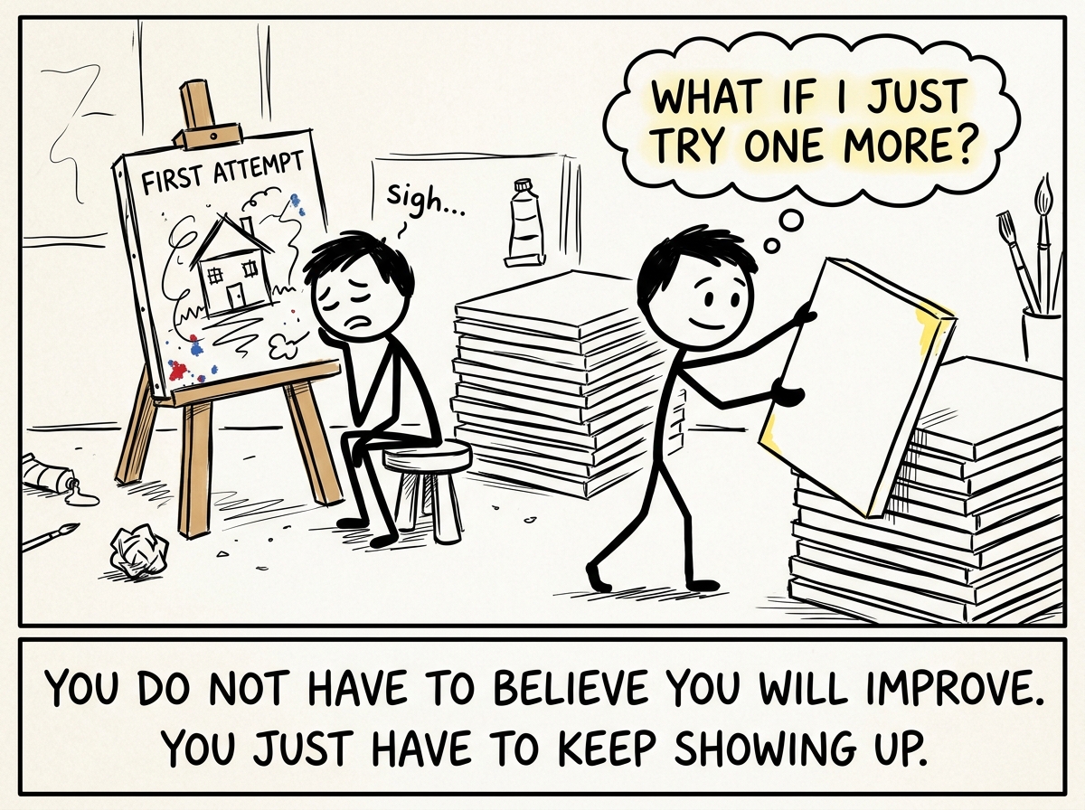 The stick figure picking up a new canvas despite the bad first attempt, with a thought bubble reading 'What if I just try one more?'