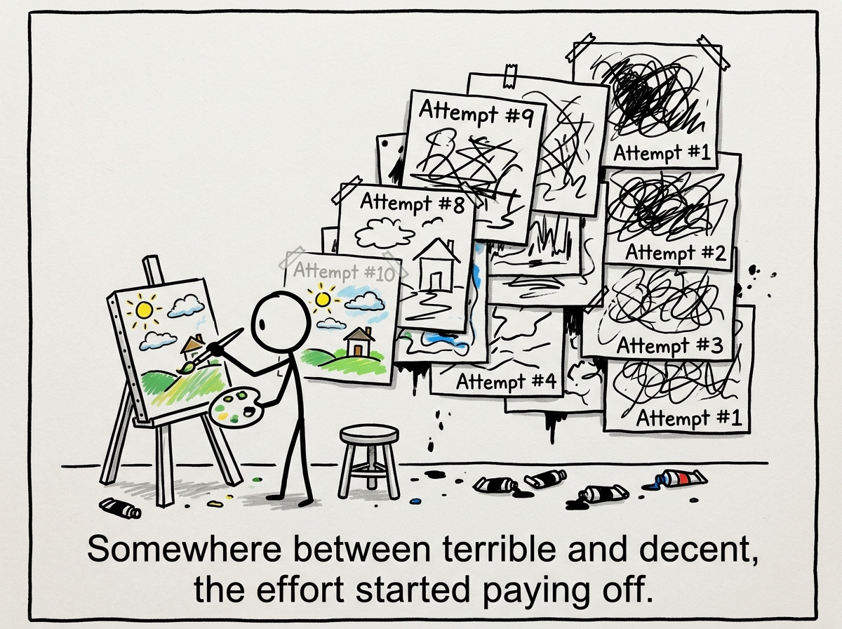 The stick figure painting their tenth attempt, noticeably better, with a growing wall of attempts behind them