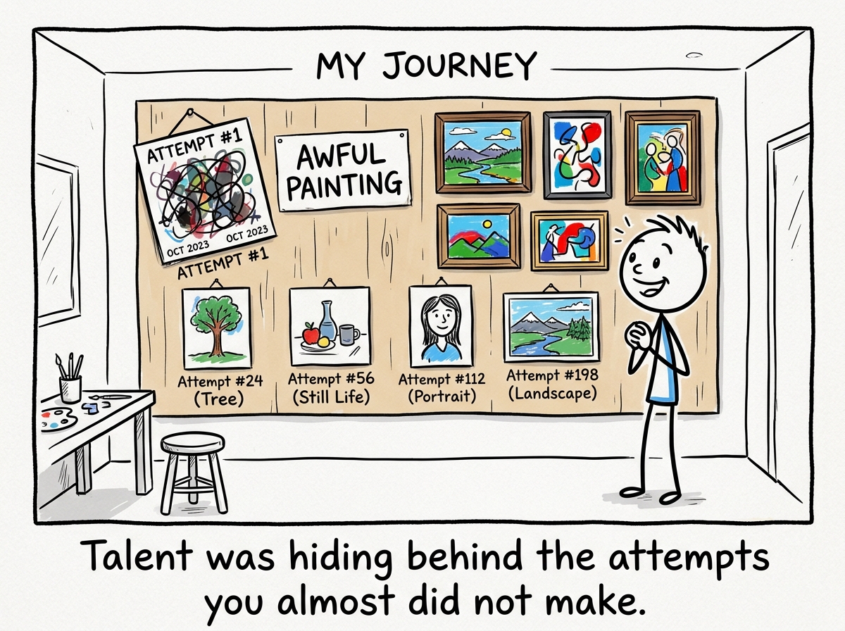 The stick figure looking at their progress wall with a mix of pride and amusement, the first awful painting still hanging there