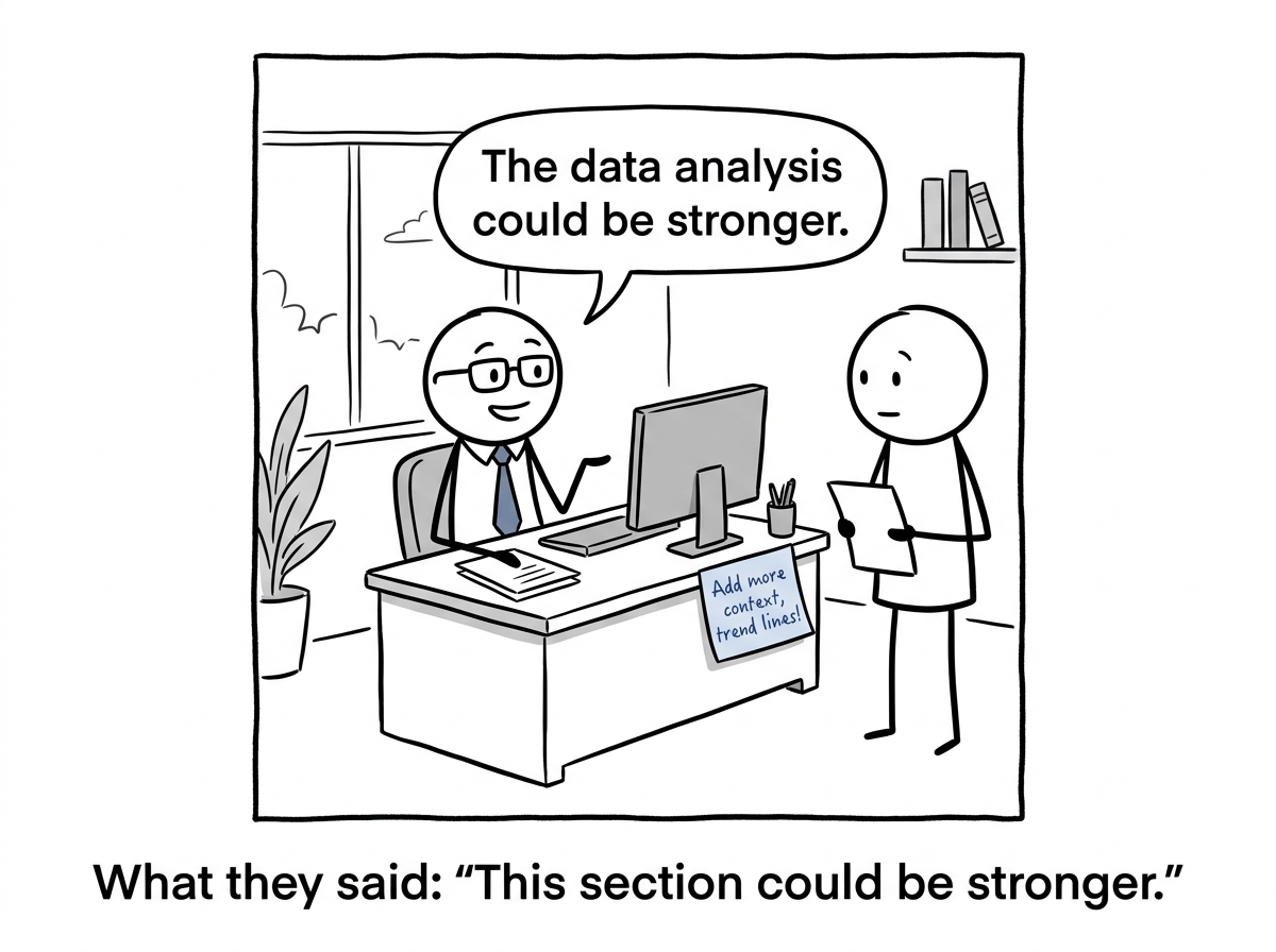A manager calmly saying 'The data analysis could be stronger' with a friendly expression and a small suggestion note