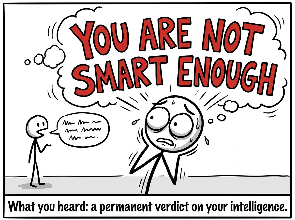 The same words transforming in the listener's mind into giant red letters reading 'YOU ARE NOT SMART ENOUGH AND NEVER WILL BE' while the stick figure's eyes go wide with panic