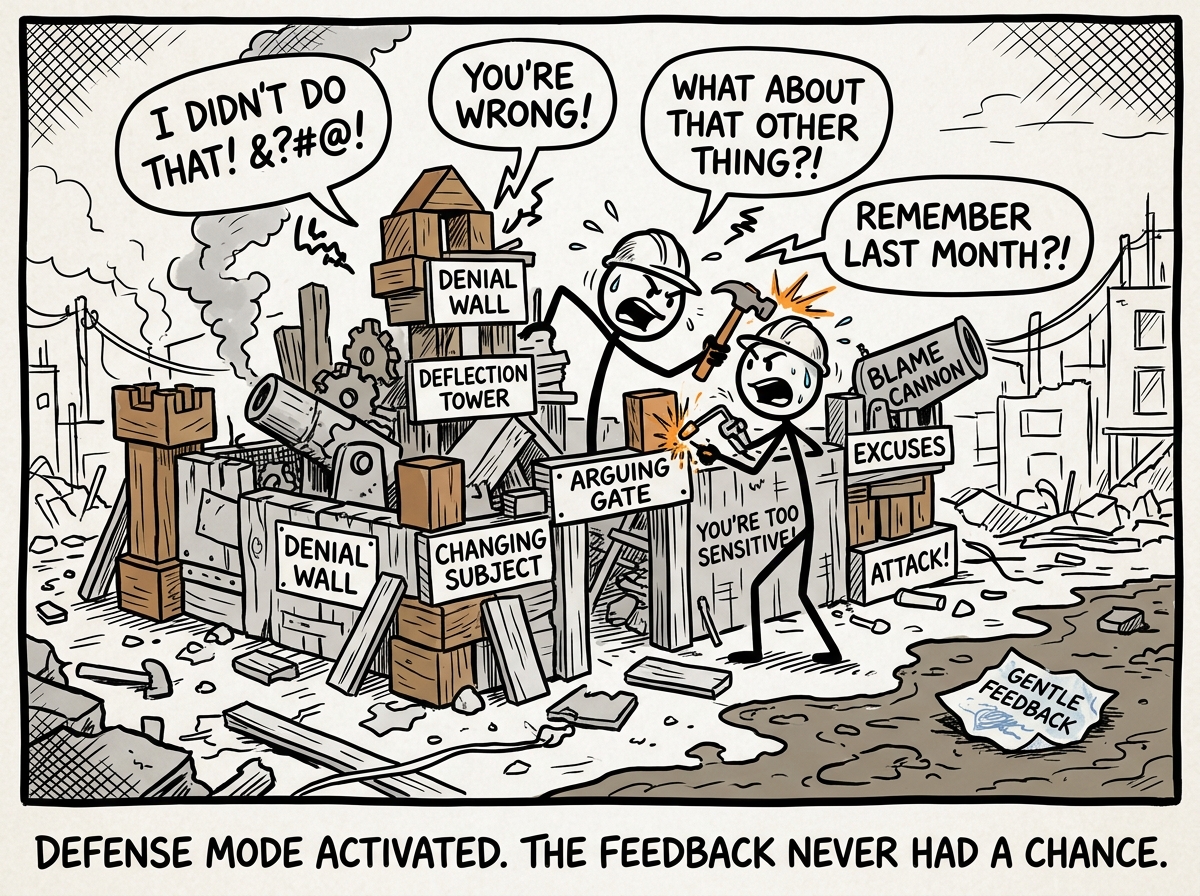 The stick figure building a fortress of defensiveness, arguing, deflecting, and changing the subject, while the original gentle feedback note lies crumpled on the ground