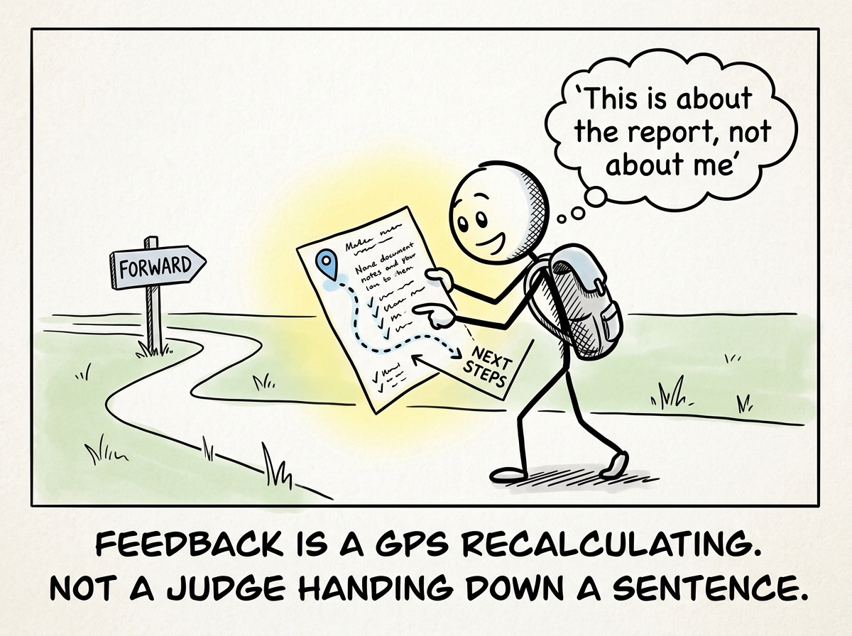 A growth mindset version of the same scene where the stick figure holds the feedback note like a map, studying it with curiosity instead of fear, with a thought bubble reading 'This is about the report, not about me'