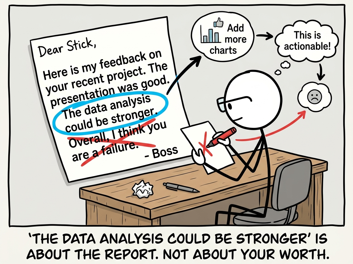 The stick figure re-reading the feedback note calmly, circling the actionable part and crossing out the imagined verdict