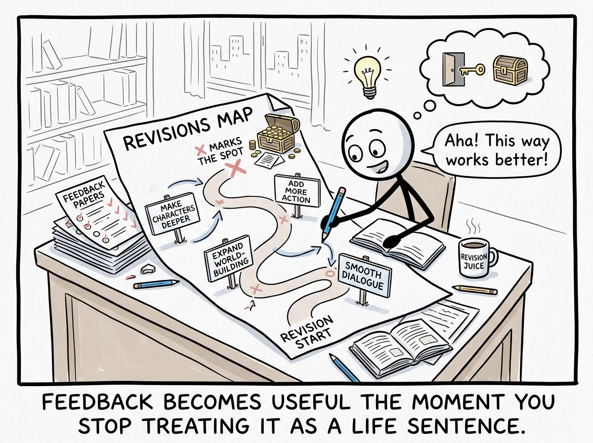 The stick figure working on the revisions with curiosity instead of dread, using the feedback as a map