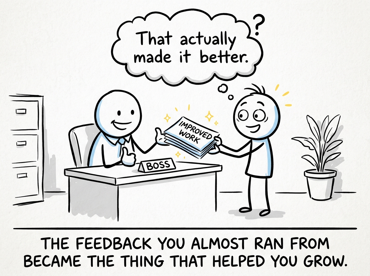 The stick figure submitting the improved work and thinking 'That actually made it better' with mild surprise