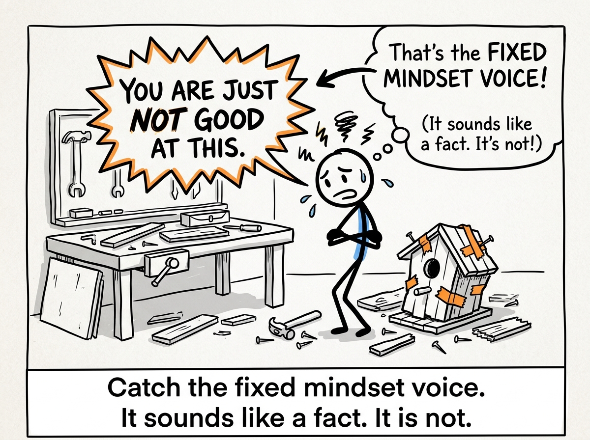 A stick figure failing at something new, hearing an internal voice say 'You are just not good at this' and recognizing it as the fixed mindset