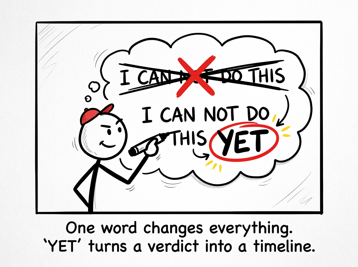 The stick figure reframing the thought, crossing out 'I can not do this' and writing 'I can not do this yet'