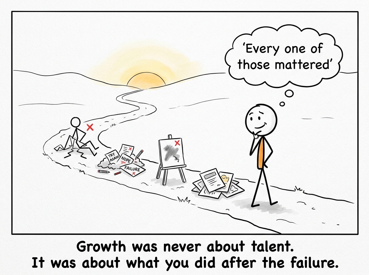 The stick figure looking back at a trail of failed attempts leading to noticeable improvement, thought bubble reading 'Every one of those mattered'
