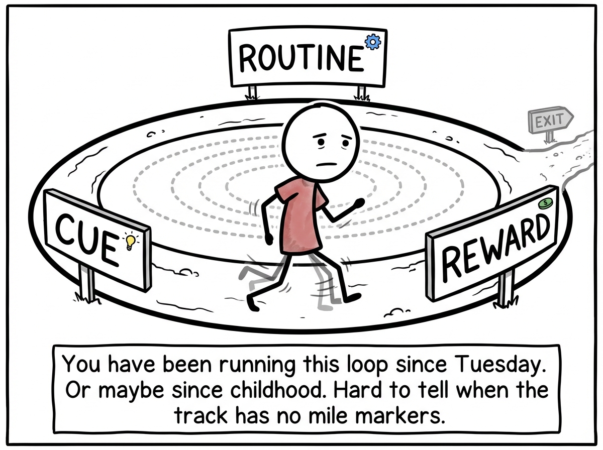 A stick figure jogging along a circular track with three large signs spaced evenly around it reading 'CUE,' 'ROUTINE,' and 'REWARD.' The figure has a blank, glazed expression and their legs are moving mechanically. Dotted lines behind them show they have already been around the loop many times. A small exit ramp branches off to the right, but it is behind the figure and completely unnoticed.