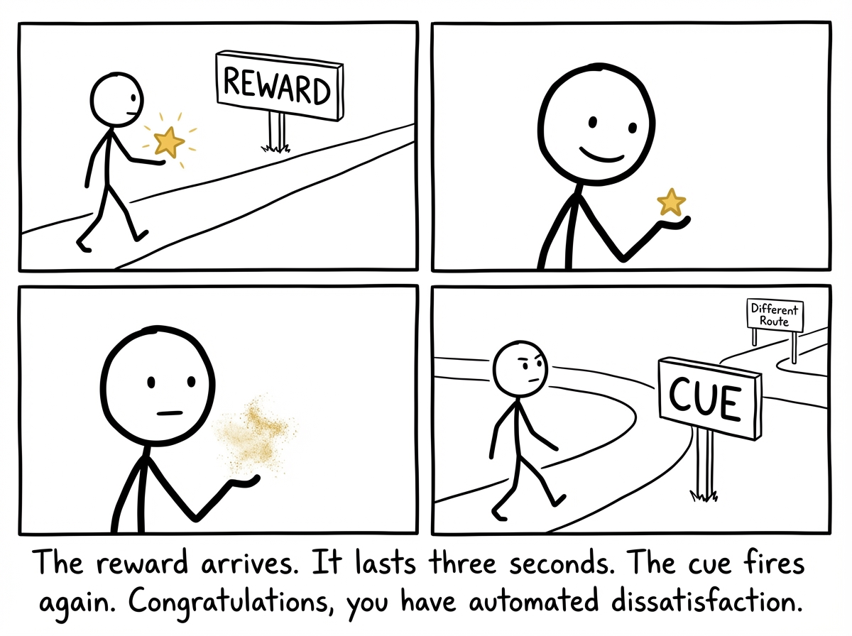 The stick figure passes the 'REWARD' sign and receives a tiny gold star that immediately dissolves into dust. Their expression briefly flickers to satisfaction and then resets to blank as they round the bend toward 'CUE' again. The exit ramp is visible in the background with a small sign reading 'Different Route,' but the figure's eyes are locked straight ahead on the track.