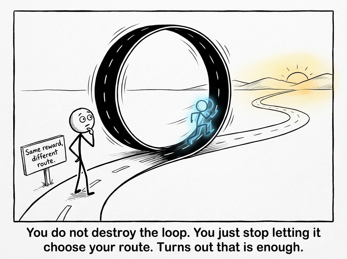 The stick figure has stepped off the circular track onto the exit ramp, which leads to a winding but open road. They look back at the loop, which is still spinning with a ghostly afterimage of themselves still running on it. The figure's expression is uncertain but awake -- eyes wide, posture upright, hands unclenched. A small sign on the new path reads 'Same reward, different route.'