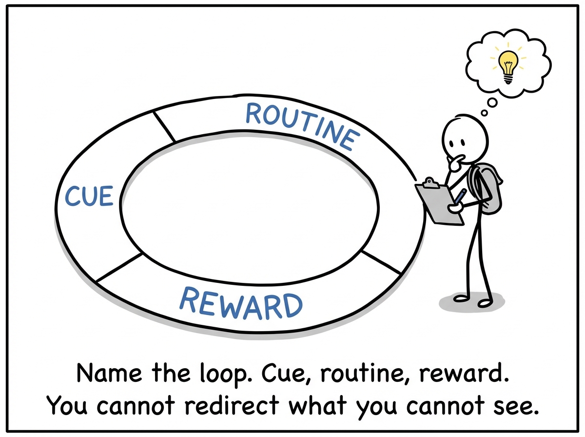 A stick figure standing beside the circular track with a clipboard, calmly labeling the cue, the routine, and the reward as if conducting a field study on their own behavior.