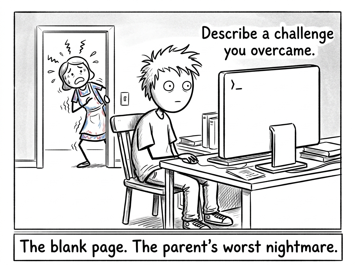 A teenager sitting at a desk staring at a blank computer screen. The cursor blinks. A college essay prompt reads 'Describe a challenge you overcame.' The teenager's face is blank. Behind them, a parent peeks through the doorway, vibrating with anxiety