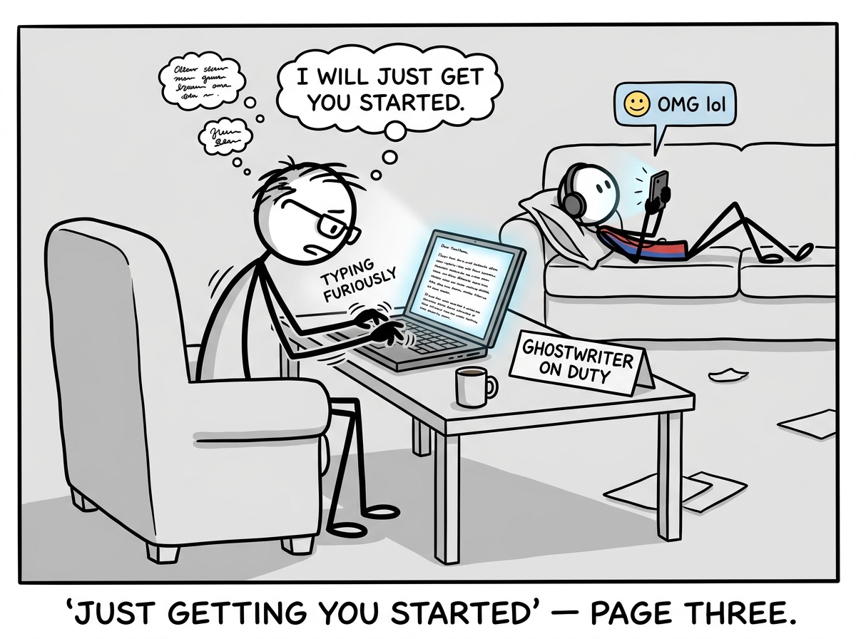 The parent now sitting in the chair, typing furiously. The teenager has migrated to the couch with a phone. The parent mutters 'I will just get you started.' The screen shows three full paragraphs. A sign on the desk reads 'Ghostwriter on duty'