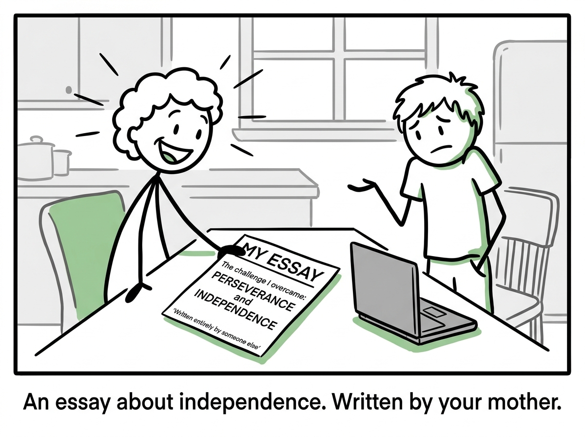 The essay is submitted. The parent beams with pride. The teenager shrugs. On the essay, the 'challenge I overcame' is ironically about perseverance and independence. A tiny footnote reads 'Written entirely by someone else'