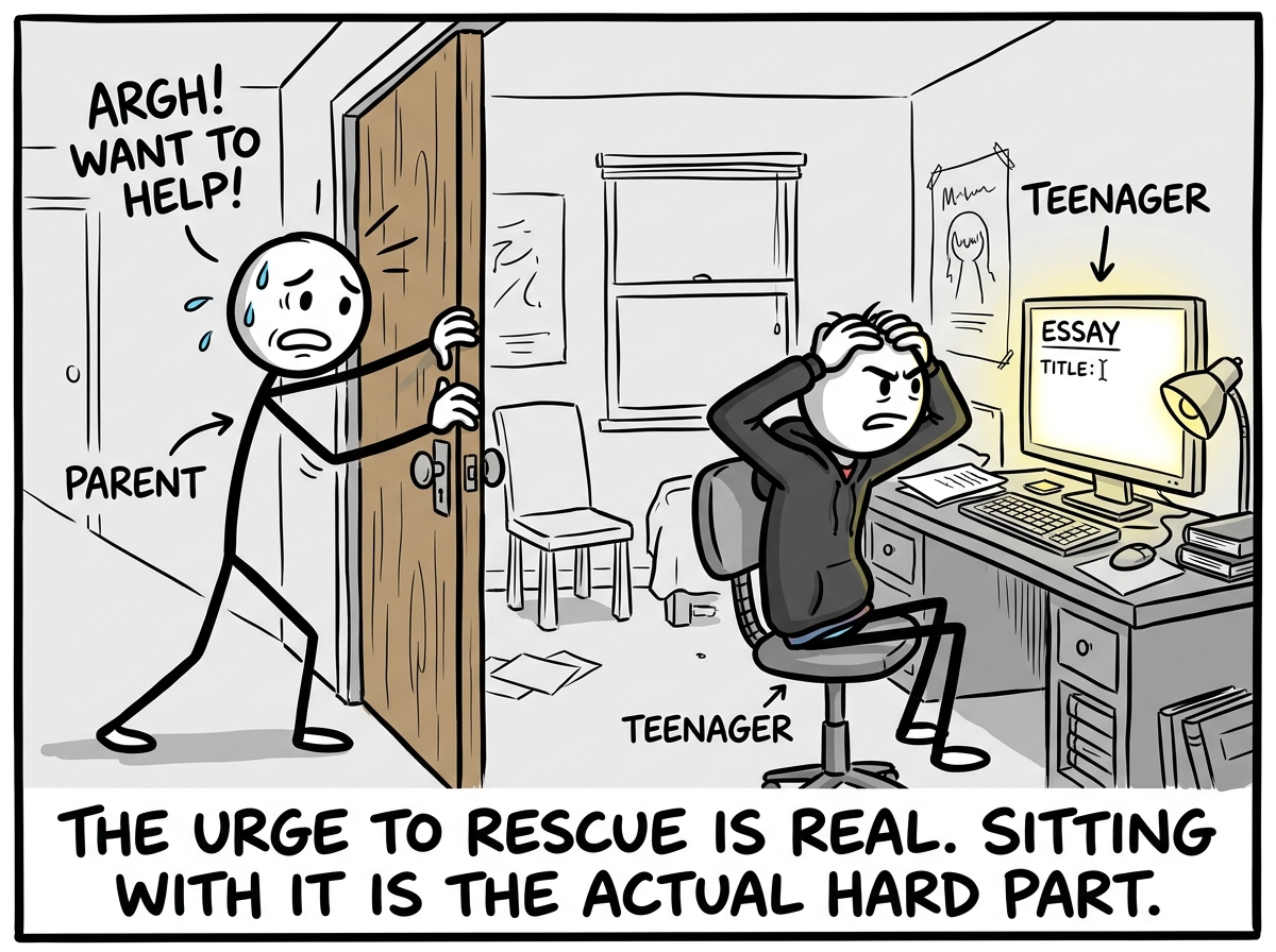 A parent watching their teenager stare at a blank essay screen, hands gripping the doorframe, visibly resisting the urge to sit down and take over