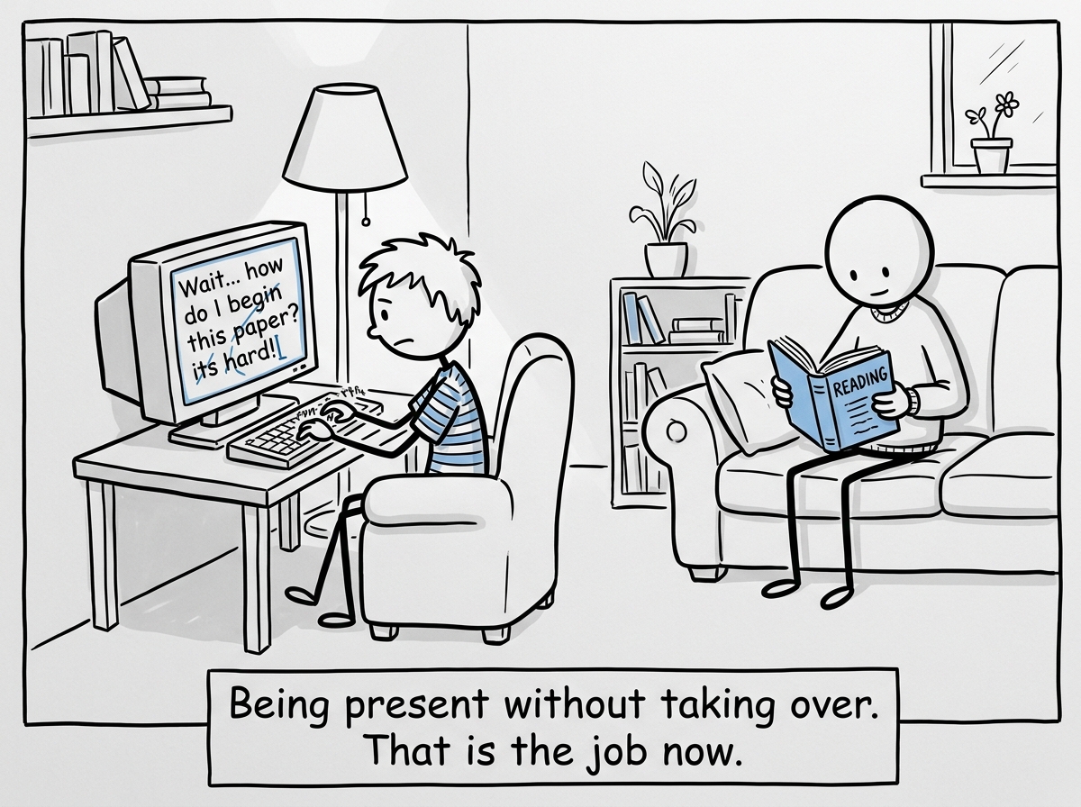 The parent sitting nearby with a book, available but not hovering, while the teenager types a messy first sentence on the screen