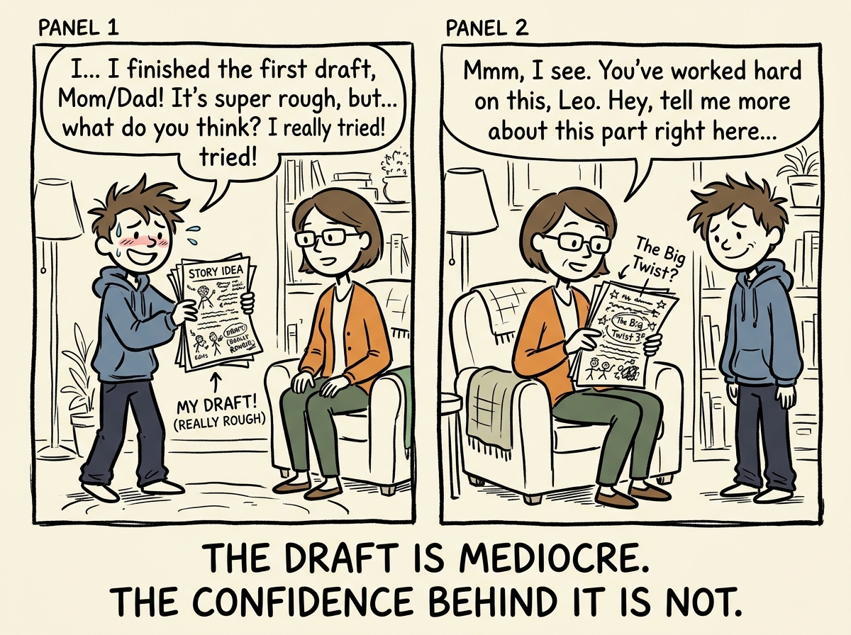 The teenager showing the parent a rough, imperfect draft with a proud but nervous expression, the parent nodding and saying 'Tell me more about this part'