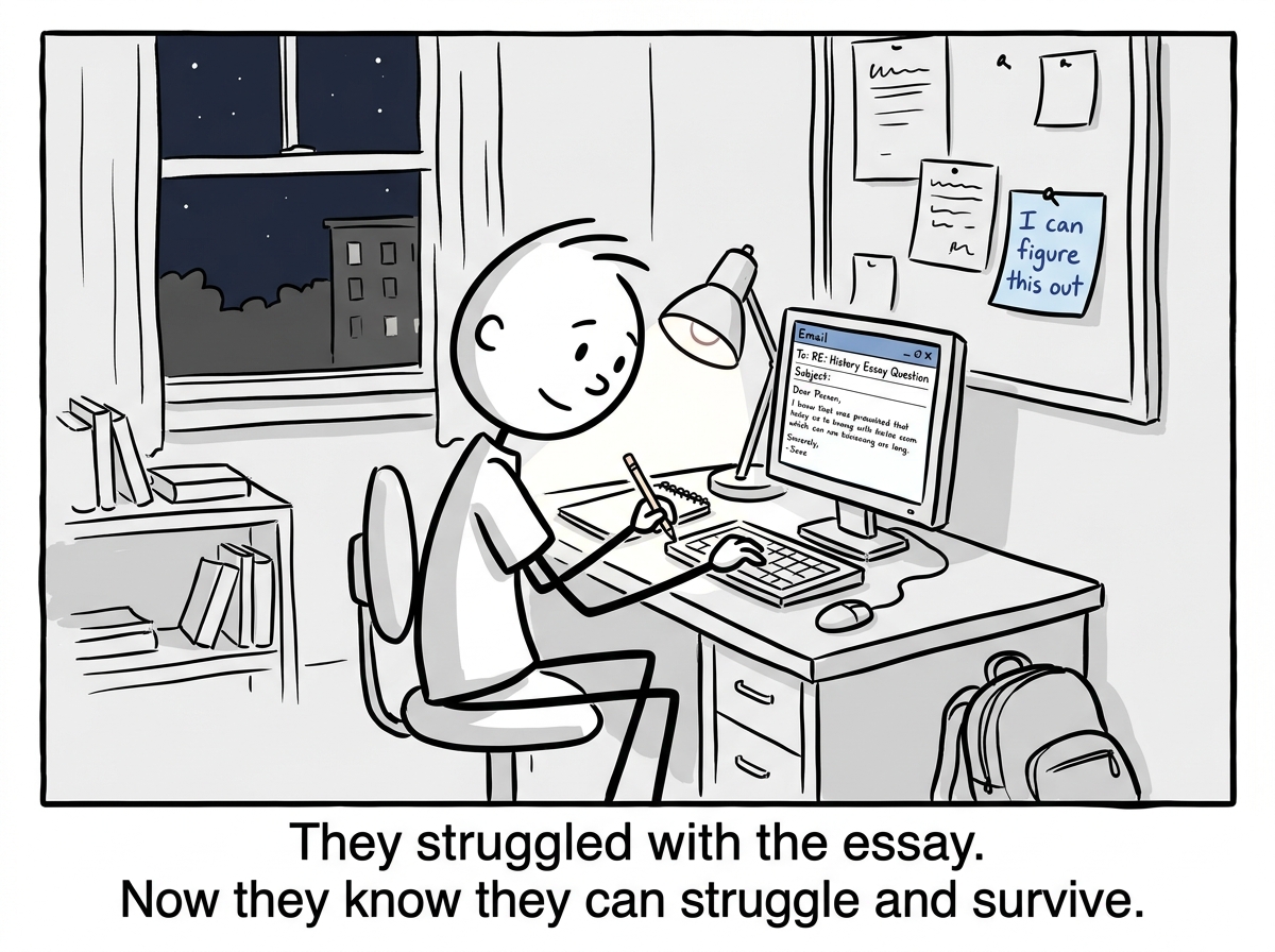 The teenager as a college freshman, sitting at a desk writing their own email to a professor, a small sticky note reading 'I can figure this out' on the wall