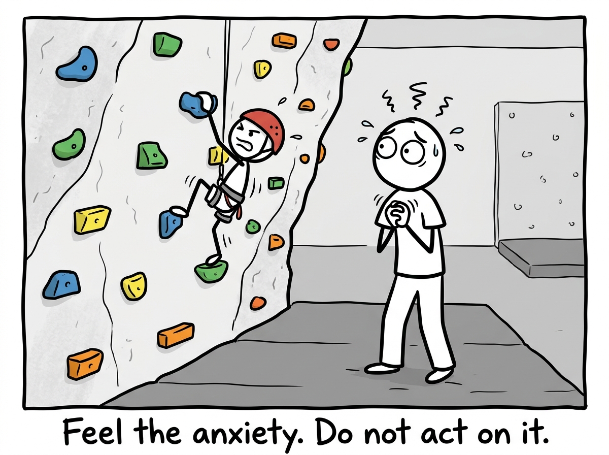 A stick figure parent watching their child struggle on a climbing wall, fighting the urge to intervene, hands clasped tightly