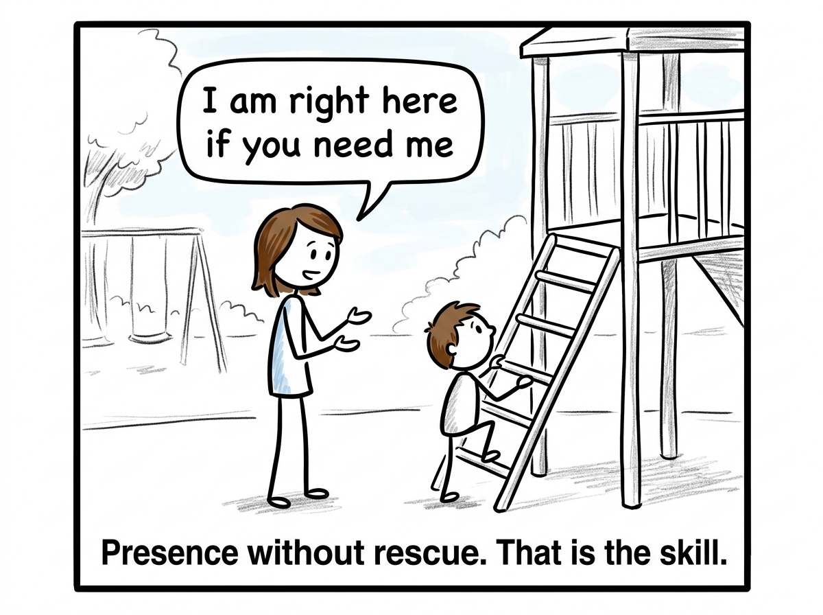 The parent stepping back and saying 'I am right here if you need me' instead of lifting the child to the top