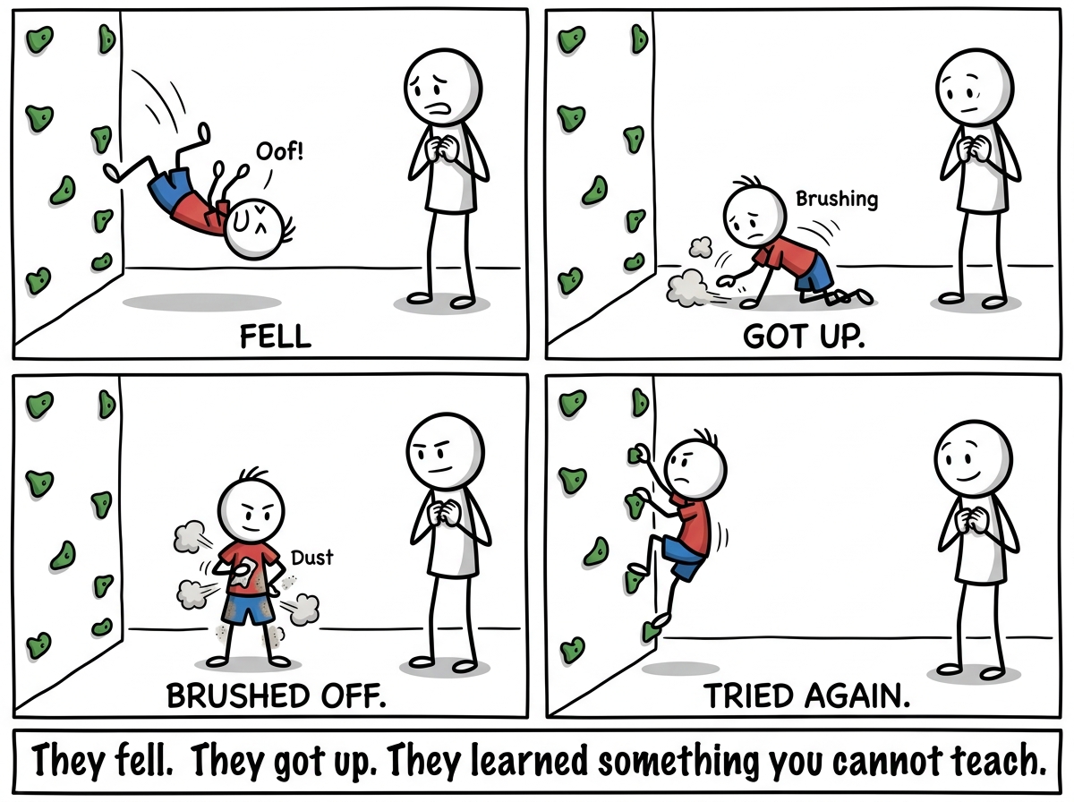 The child falling off the climbing wall, getting up, brushing off, and trying again while the parent watches with clenched but steady hands