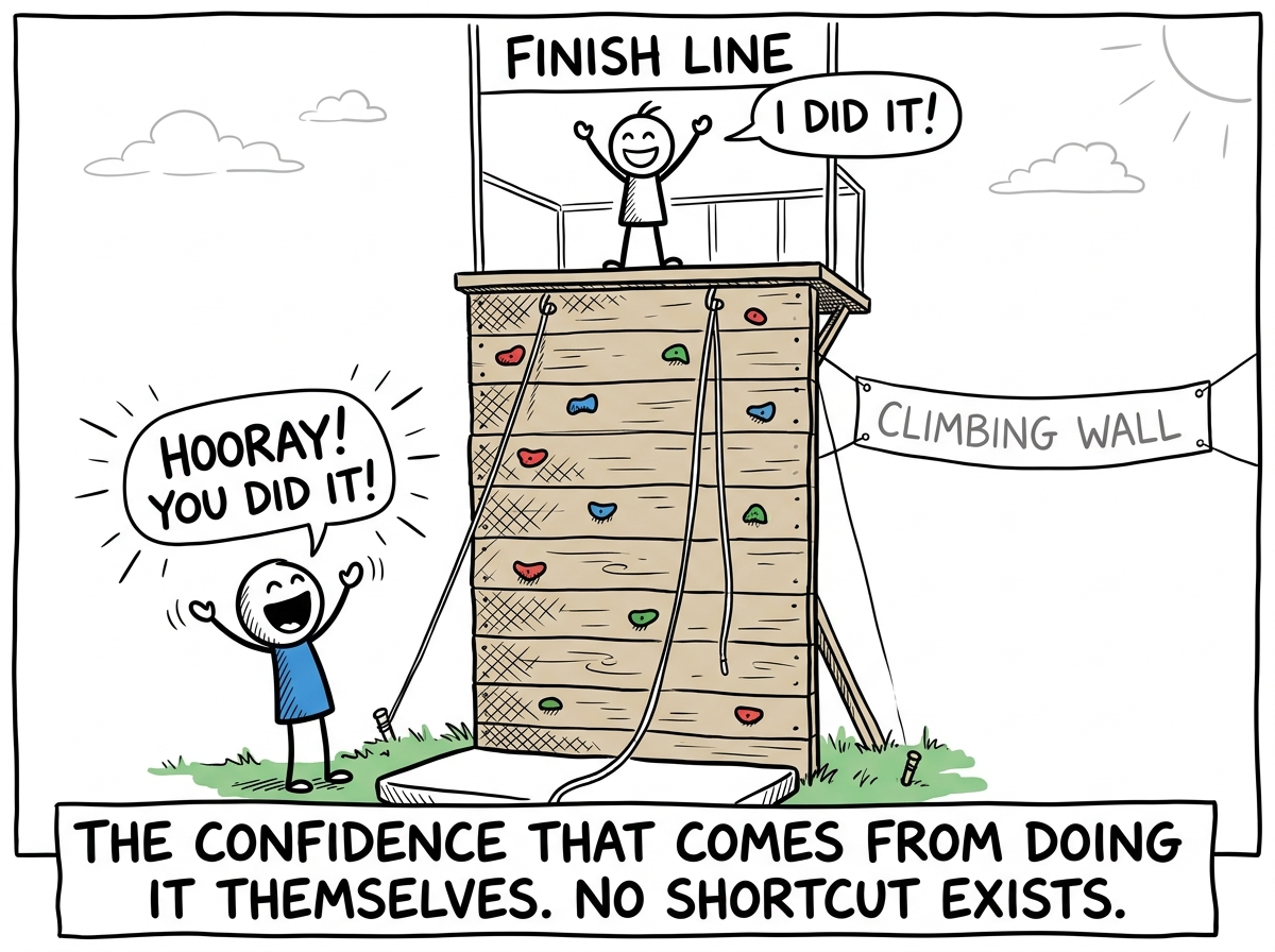 The child at the top of the climbing wall, beaming with genuine pride, the parent cheering from below