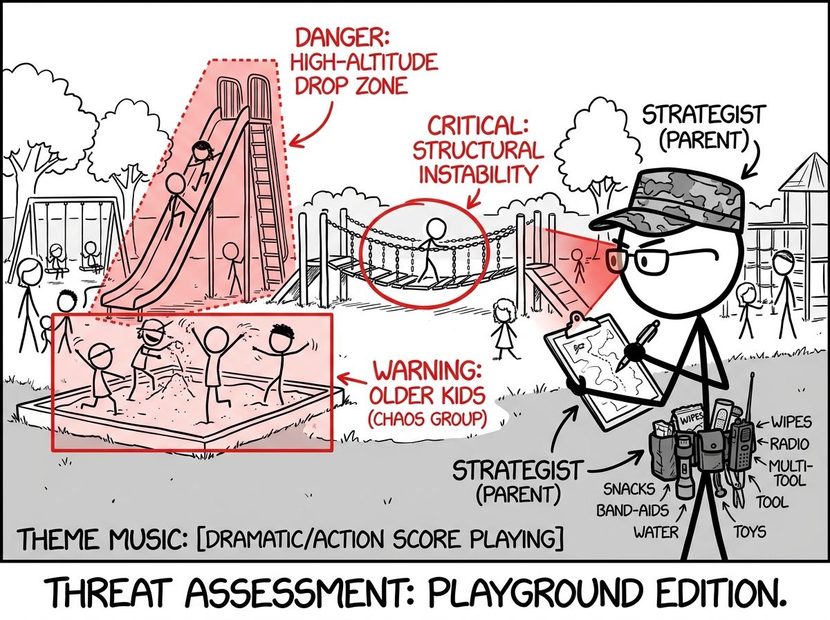 A parent arriving at a playground before their child, surveying it like a military strategist. They wear a utility belt of parenting supplies. Danger zones are highlighted in their vision: the tall slide, the wobbly bridge, the older kids in the sandbox. Mission music plays in the background