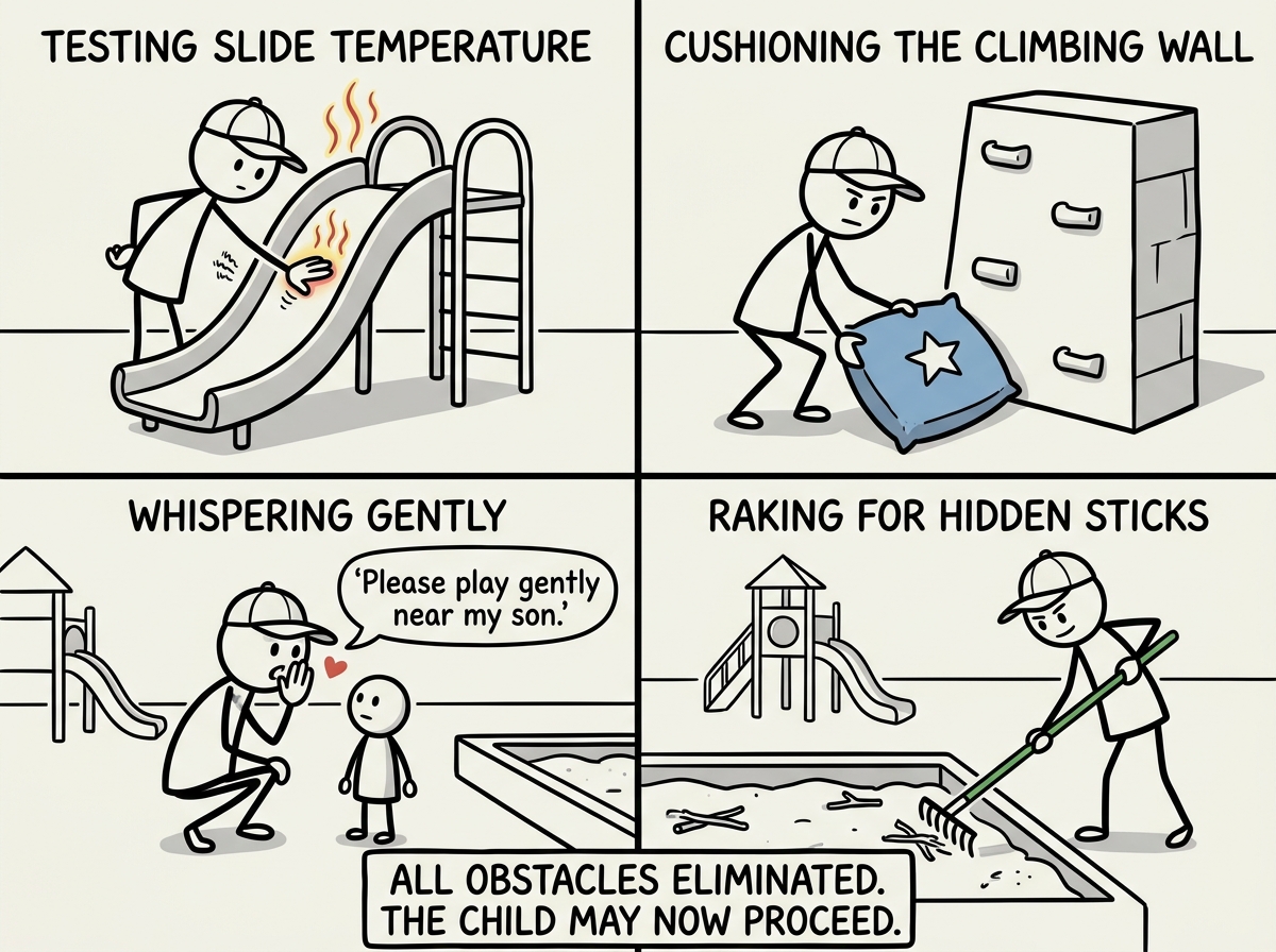 A montage of the parent in action: testing the slide temperature with their hand, placing a cushion at the bottom of the climbing wall, whispering to another child 'Please play gently near my son,' and raking the sand for hidden sticks. The child has not arrived yet